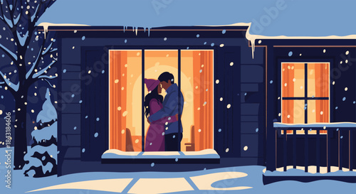 Romantic couple embracing inside a warm, cozy house, viewed from outside during a beautiful, snowy winter night.