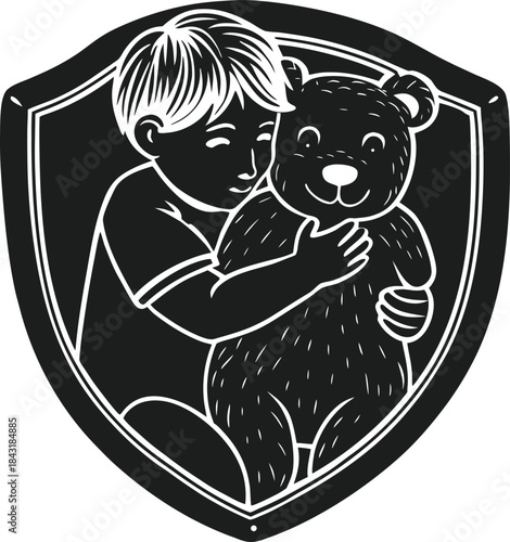 A little boy hugging his teddy bear, a symbol of childhood comfort and friendship.