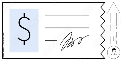 Payment methods, banking, finances, economy, growth, business success. A dollar sign, a check with a signature and an arrow pointing upward. Banking and financial growth concept