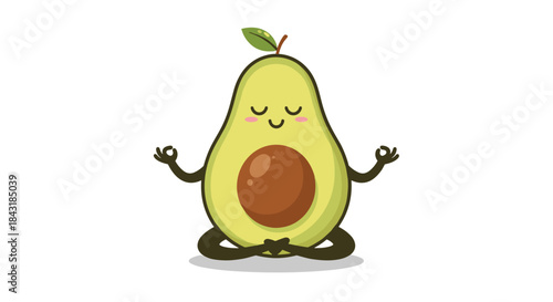 Cute cartoon avocado character sitting in a yoga lotus pose with a happy expression, representing health and wellness.
