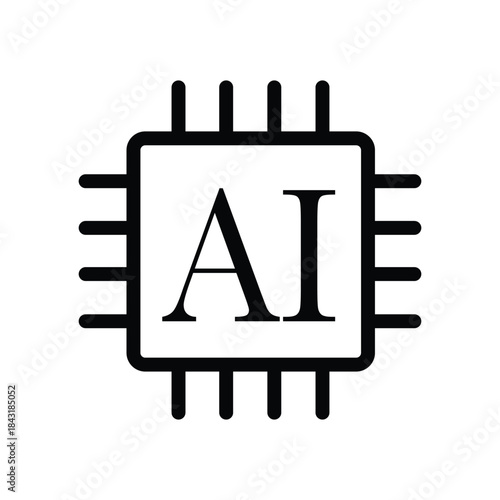 Minimalist AI processor chip icon with the letters AI in the center, representing artificial intelligence, machine learning, smart computing, and advanced technology systems