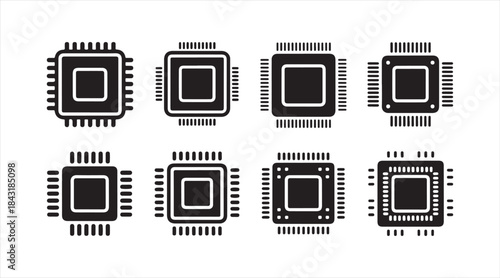 Electronic microchip symbol set with square processor silhouettes for tech concepts