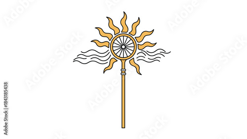 Ornate golden sun scepter with a radiant wheel and flowing waves, a mystical and magical artifact icon illustrated in a clean line art style.