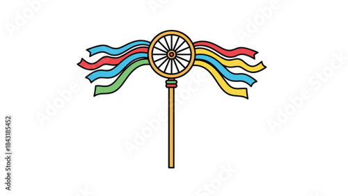 Colorful illustration of a ceremonial scepter topped with a golden wheel and flowing multi-colored ribbons, a symbol of celebration or festival.