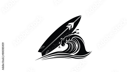 Dynamic black silhouette of a surfboard riding a powerful, stylized ocean wave, representing surfing, summer sports, and adventure.