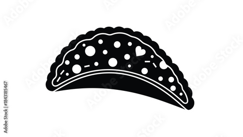 Black silhouette icon of a decorated empanada or pasty with a crimped edge, representing traditional baked goods and delicious food.