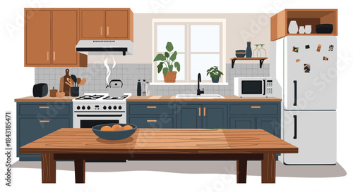 Stylish and functional kitchen interior with modern appliances, a wooden dining table, and blue and brown cabinetry.