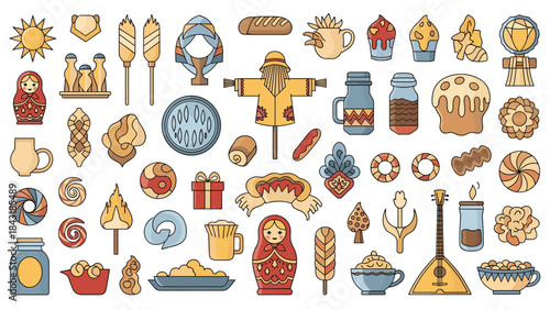 Large colorful collection of cute cartoon icons representing Slavic traditions and the Maslenitsa festival, isolated on a white background.