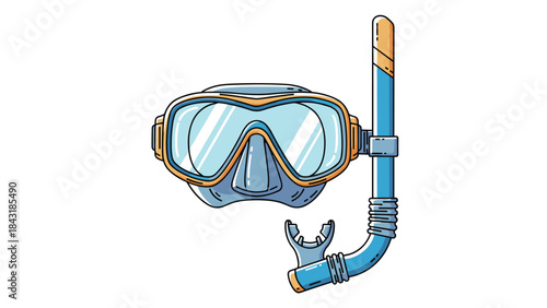 Bright and colorful cartoon illustration of a blue and orange scuba diving mask with a snorkel, ready for summer underwater adventures.