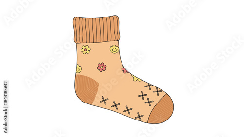 Cute and cozy cartoon ankle sock with a happy face and flower pattern, a warm and stylish clothing item isolated on white background.