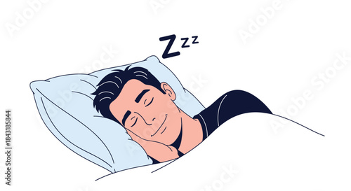 Young man sleeping peacefully in bed with his head on a pillow and a gentle smile, dreaming a restful, healthy sleep.