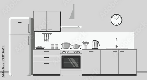 Monochromatic illustration of a modern kitchen interior in grayscale, featuring essential appliances and sleek cabinetry.
