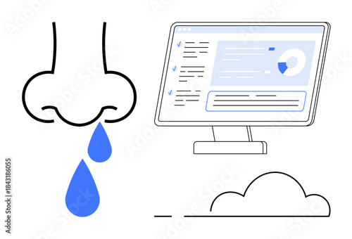 Healthcare, allergies, cloud storage, digital monitoring, data analysis, symptoms tracking. ion of a dripping nose and a computer screen with data. Healthcare and allergies