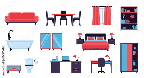 Comprehensive set of flat design furniture and home interior items in red and blue, including bed, sofa, and desk.