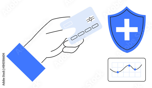 Financial security, healthcare services, data protection, digital payments, transaction safety, banking systems. A hand holding a card, shield icon and financial graph. Financial security