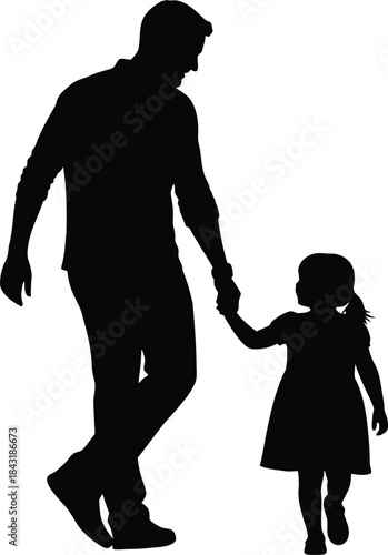 Silhouette of father and small daughter walking together holding hands symbolizing family bond and paternal love against white background