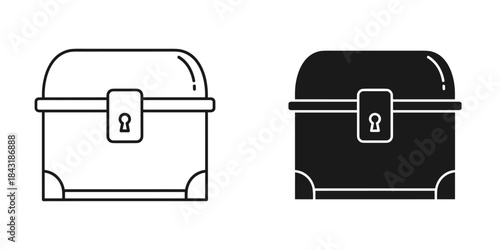 Treasure chest icon set outline and solid black styles for storage, riches, and adventure concepts