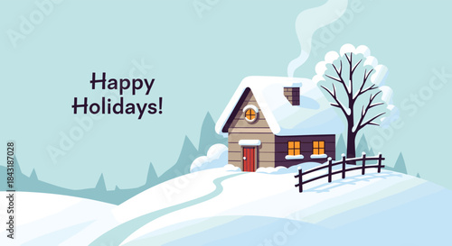 A cozy wooden cabin covered in snow in a winter landscape with the greeting Happy Holidays, perfect for a holiday card.
