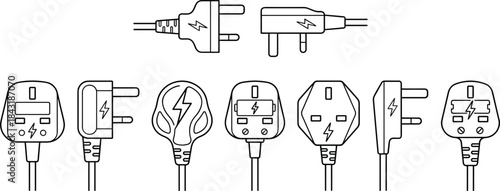 Collection of various electric plug icons in minimalist line style illustrating international power connectors, charging adapters and universal outlet designs for modern usage