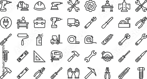 Collection of construction, repair and workshop tool icons including drills, wrenches, saws, pliers, safety equipment and measurement tools in clean minimal line art style