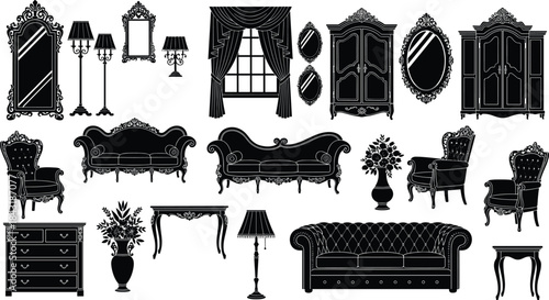Vintage furniture silhouettes, antique home decor icons, classic interior design elements, elegant vector furnishings, ornate decorations for traditional, Victorian, and retro-themed projects