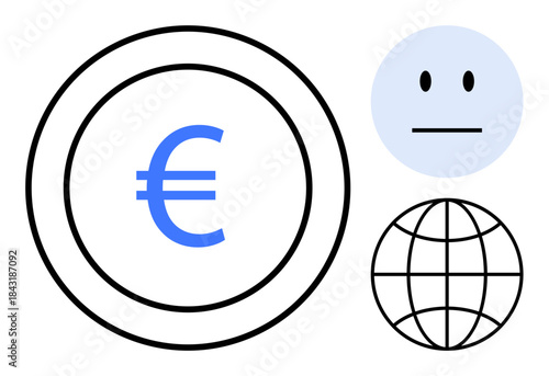 Financial systems, global trade, communication, economic scenarios, neutral sentiment, worldwide economy. Euro symbol, neutral face globe icon on white. Finance and global trade concept