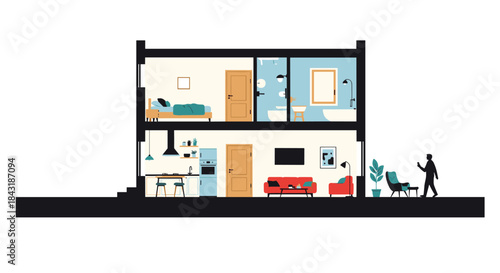 A cross-section view of a modern two-story house showing the interior layout of the living room, kitchen, bedroom, and bathroom.