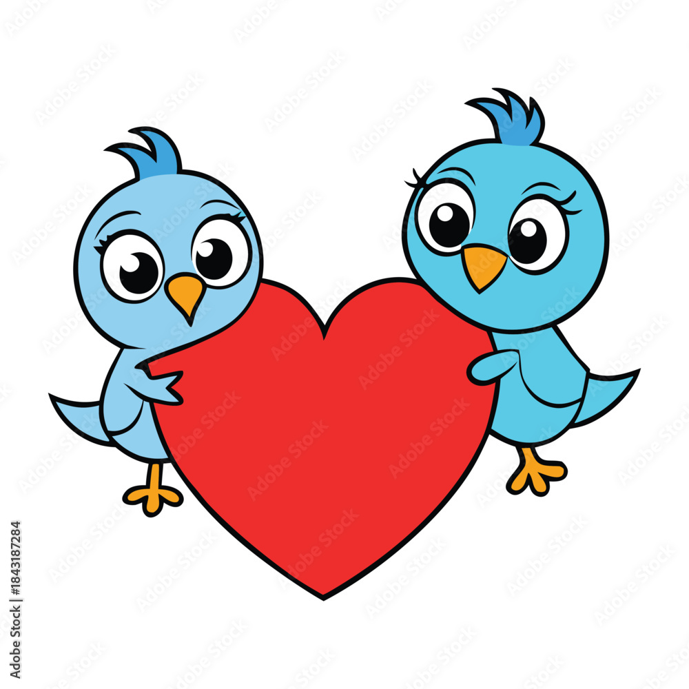 Fototapeta premium Two cute birds cuddle close, holding a big heart between their wings, spreading love, warmth, and joy with soft colors and sweet smiles.