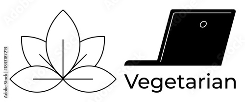 Plant-based diet, vegetarian lifestyle, veganism, eco-friendly practices, food choices, digital platforms. Minimalist vegetarian logo with leaf and laptop icon. Vegetarian lifestyle and veganism