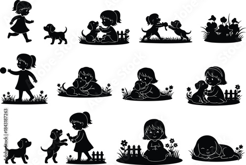 Young girl playing with puppy dog silhouette vector set showing running, cuddling, and interacting, symbolizing childhood joy, friendship, and pet care activities.