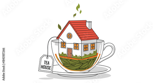 A creative concept illustration of a tiny house inside a clear teacup, with a tea bag label that reads 'Tea House'.