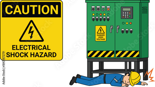 Electrical shock hazard caution sign with injured worker near high voltage control panel, safety awareness illustration for industrial danger prevention and workplace warnings