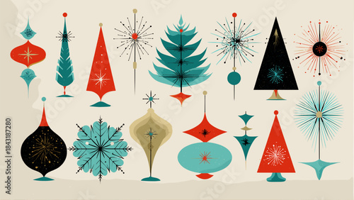 Retro Mid Century Modern Christmas Ornaments and Decorations.