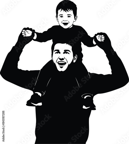 Joyful father giving his happy young son a piggyback ride on his shoulders in a high contrast black and white vector style