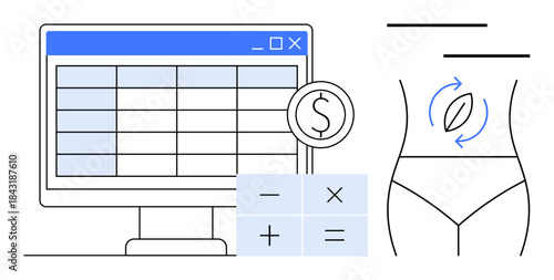 Computer screen displaying spreadsheet, currency sign, mathematical operations, simplified human torso. Ideal for finance, wellness, health tracking, fitness, budgeting digital tools minimalistic