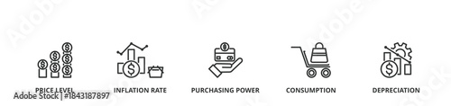 Inflation banner vector illustration concept with icon of the price level, inflation rate, purchasing power, consumption, and depreciation