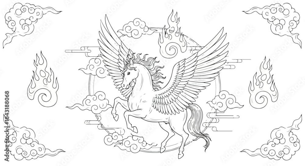 Naklejka premium Majestic Flying Pegasus in Sky with Clouds and Fire Line Art