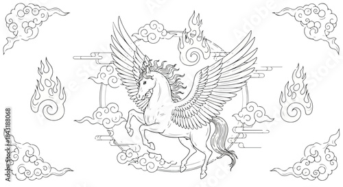 Majestic Flying Pegasus in Sky with Clouds and Fire Line Art