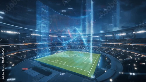 Futuristic Digital Visualization of Soccer Stadium with Holographic Displays.