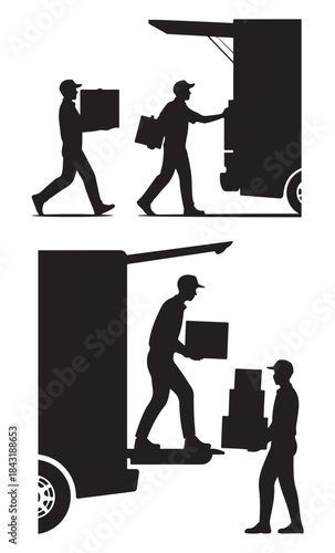 Delivery Workers Loading and Unloading Truck Silhouette, Logistics and Moving Service Concept.
