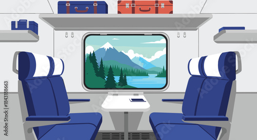 The interior of a modern train passenger cabin with comfortable seats and a window view of a stunning mountain landscape.