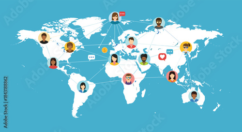 A world map showing a global social network with diverse people connected through lines and various communication icons.