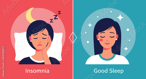 A comparison illustration showing a woman suffering from insomnia on one side and a woman enjoying good, restful sleep.