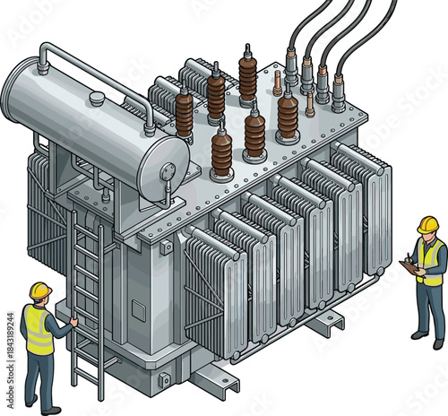 Large power transformer with engineers inspecting equipment, high voltage industrial system, maintenance process, electrical substation machinery, energy distribution infrastructure illustration