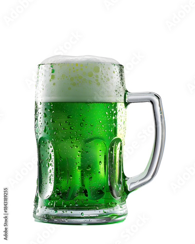 Frosted Glass Mug Filled with Green Beer and Foam on Black Background beer mug st patrick's day isolated on a transparent background