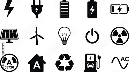 Set of electricity and energy icons featuring lightning, battery, plug, solar panel, wind turbine, light bulb, recycling, EV charger and power symbols