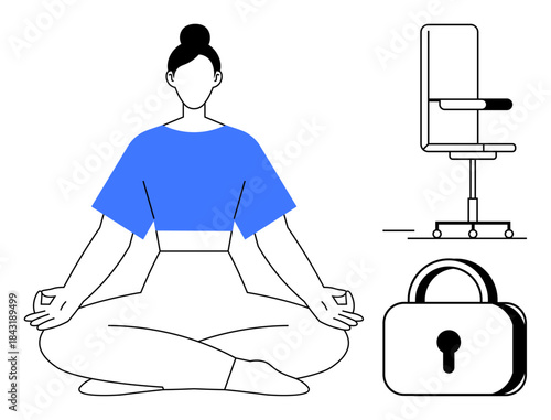 Workplace mental health, stress management, security, mindfulness, ergonomics, work-life balance. Woman meditating in yoga pose, office chair and lock symbol. Workplace wellness and stress