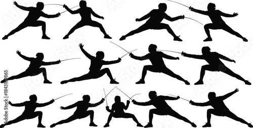 Vector Silhouettes of Fencing Athletes: Men and Women Engaged in Dramatic Lunges and Attacks with Foils, Epees, and Sabres for Sport.