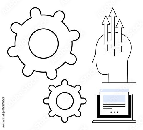 Innovation concept. Innovation illustrated via gears, human head with signals, and a laptop. Innovation shaping creativity, productivity, and progress. For technology, startup strategy and education