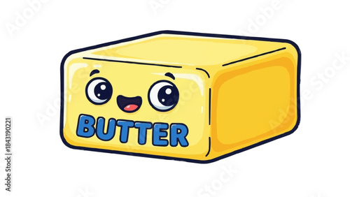 Cute cartoon stick of butter character with happy face and the word butter